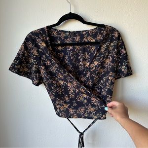 Navy and orange floral wrap crop top size small